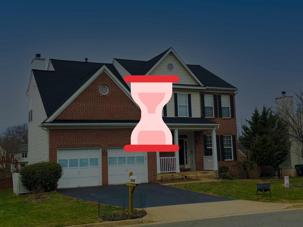 hourglass , time it takes to replace roof. house with hour glass icon