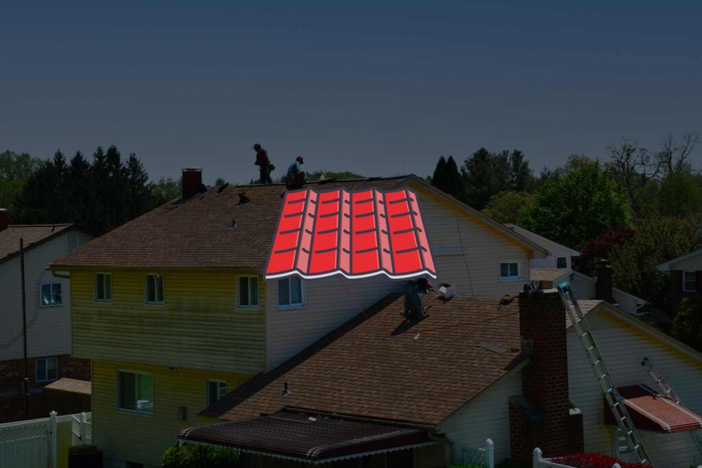 red roof icon over roofing job